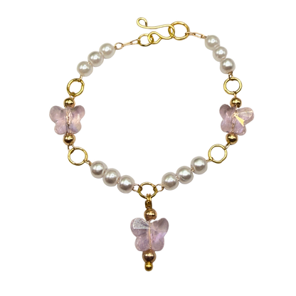 Light Pink Crystal Butterfly & Pearl Beaded Doll Necklace • 14 Inch Fashion Doll Jewelry