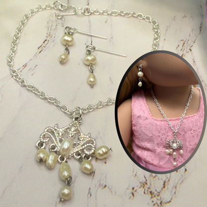 Silver Filigree Pearl Dangle Doll Necklace & Earrings Set • 18 Inch Fashion Doll Jewelry
