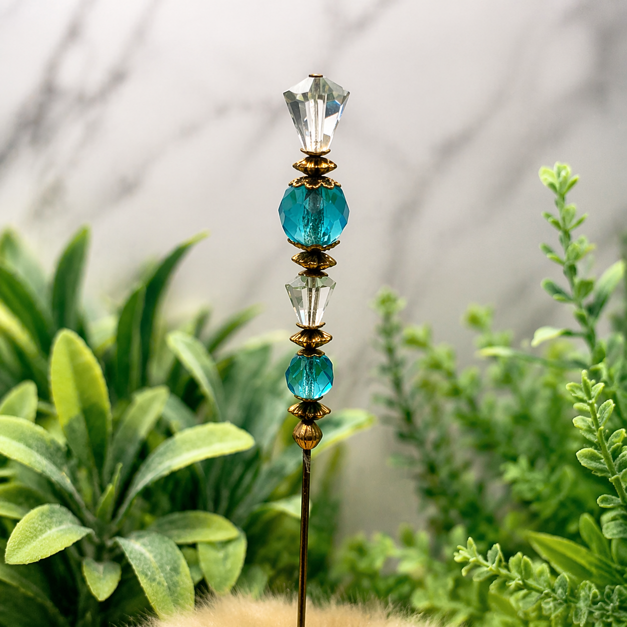 Turquoise Blue & Clear Crystal - Gold Tone Findings- 6” Pin • Hatpin - Stick Pin