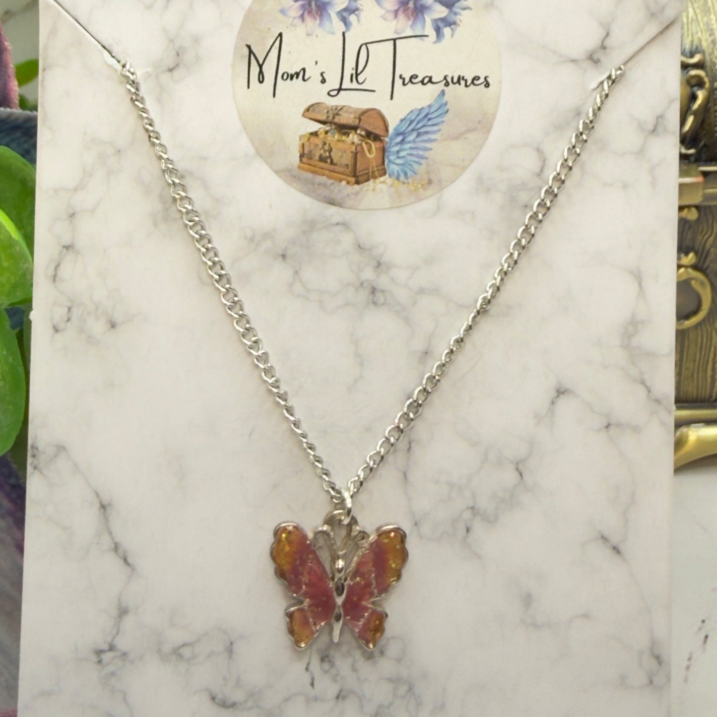 Mauve Pink Purple Orange Glitter Enamel Butterfly Silver Doll Necklace • 18 Inch Fashion Doll Jewelry