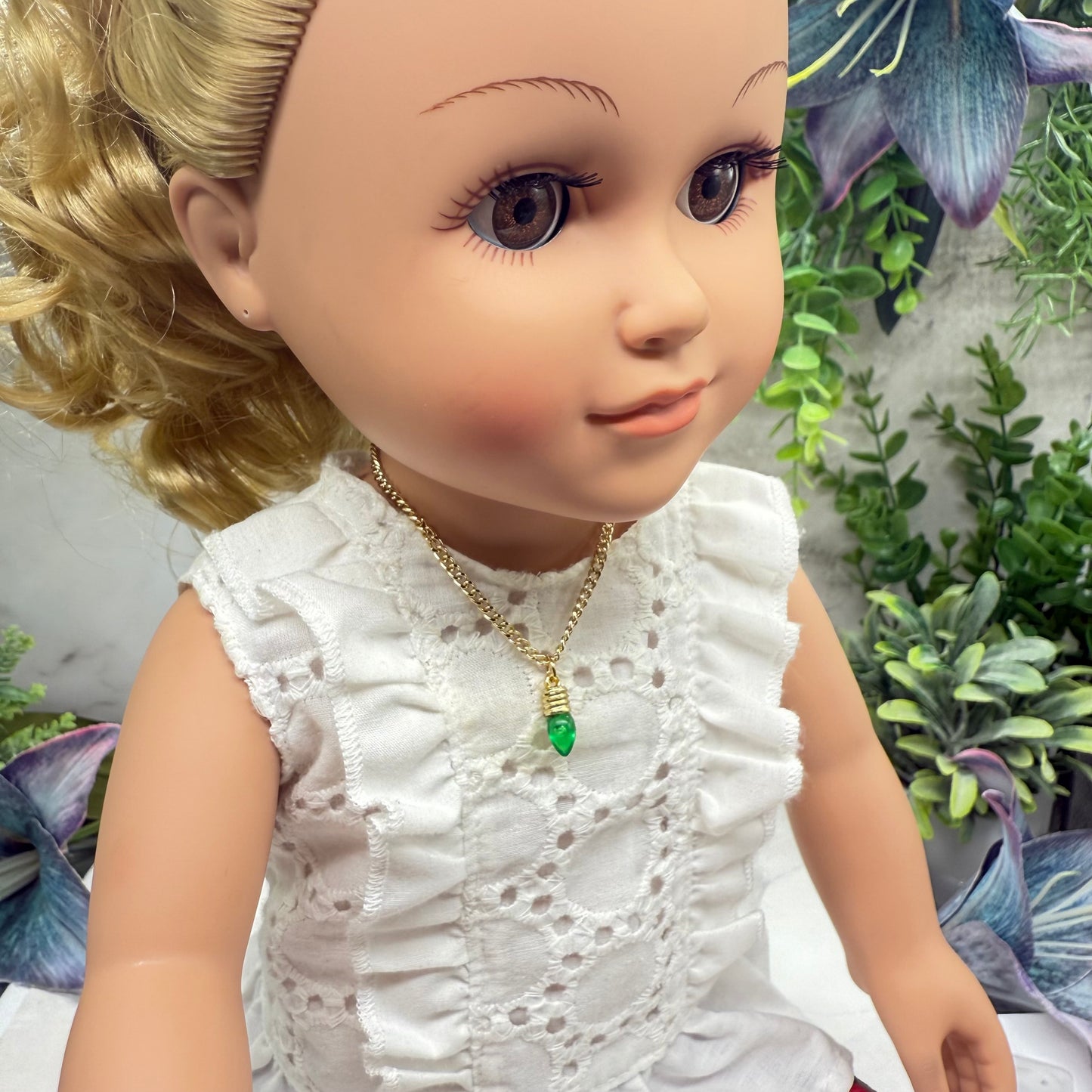 Green Christmas Light Charm Gold Doll Necklace • 18 Inch Fashion Doll Jewelry