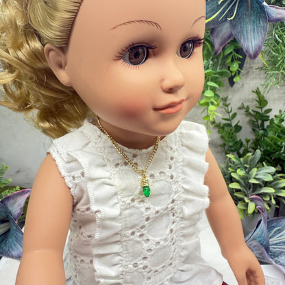 Green Christmas Light Charm Gold Doll Necklace • 18 Inch Fashion Doll Jewelry
