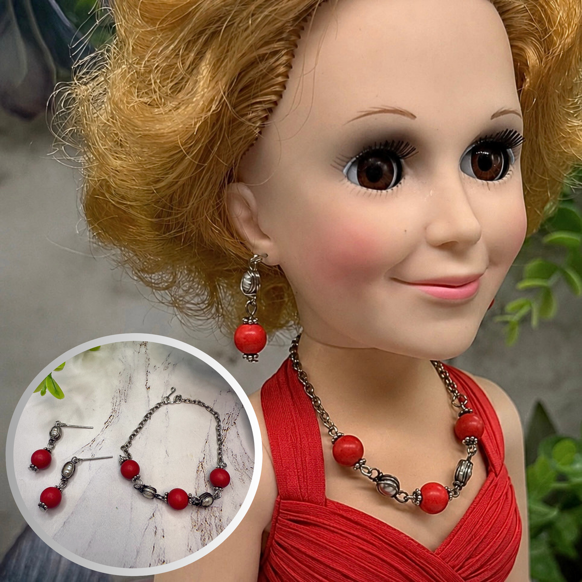 Candy Apple Red Pearl & Silver Doll Necklace & Earrings Set • 18 Inch Doll Jewelry