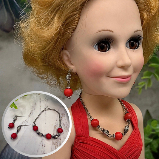 Candy Apple Red Pearl & Silver Doll Necklace & Earrings Set • 18 Inch Doll Jewelry