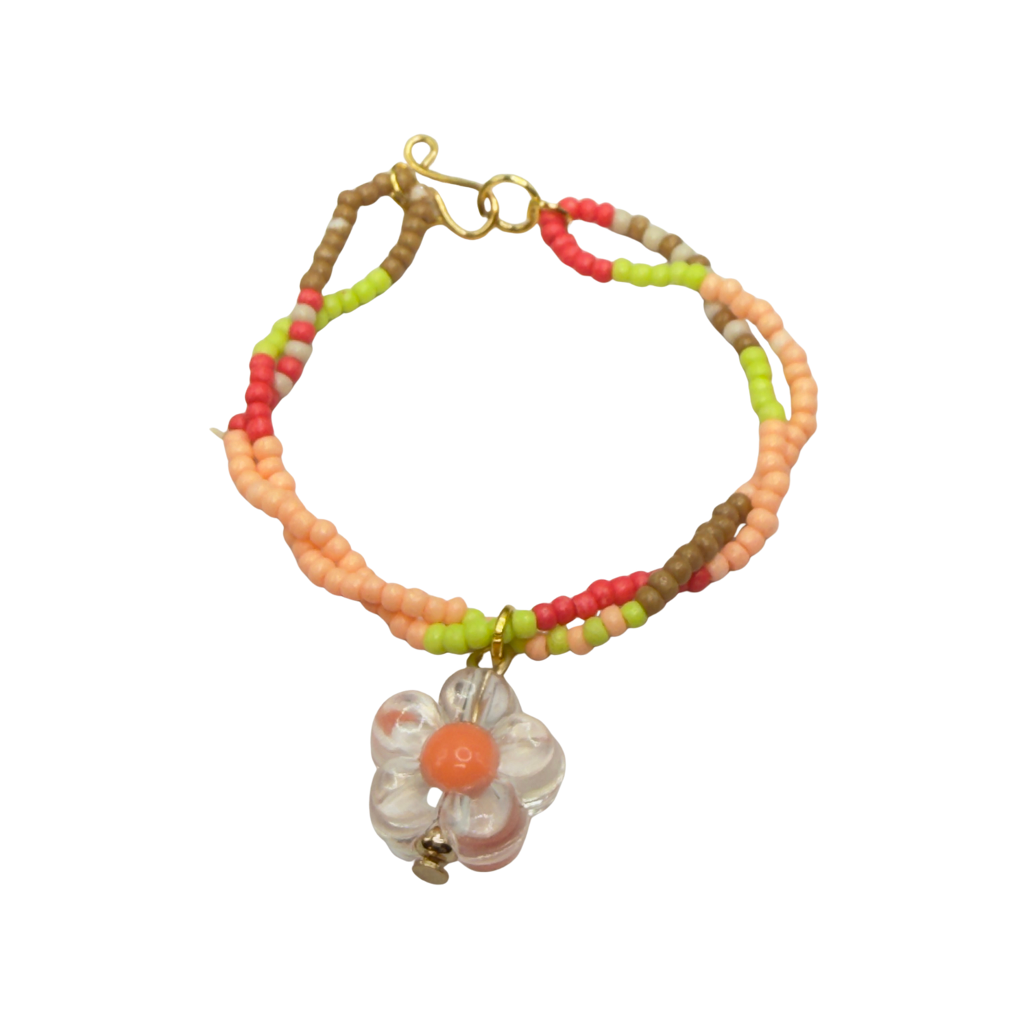 Clear Flower Charm Pink Green Coral Brown Beaded Doll Necklace • 14 Inch Fashion Doll Jewelry