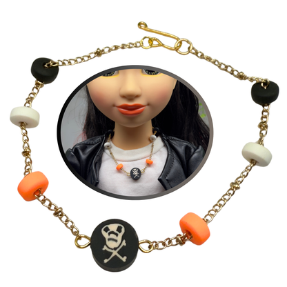 Skull Bones Halloween Silicone Beaded Gold Chain Doll Necklace • 18 Inch Fashion Doll Jewelry