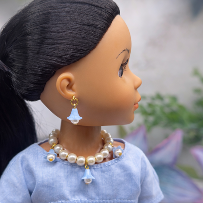 Light Blue Bell Flower Dangle Pearl Beaded Doll Necklace & Earrings • 14 Inch Fashion Doll Jewelry