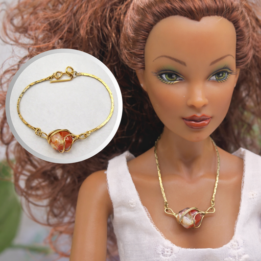 Wire Wrapped Orange White Stone Charm Gold Chain Doll Necklace • 16 Inch Fashion Doll Jewelry