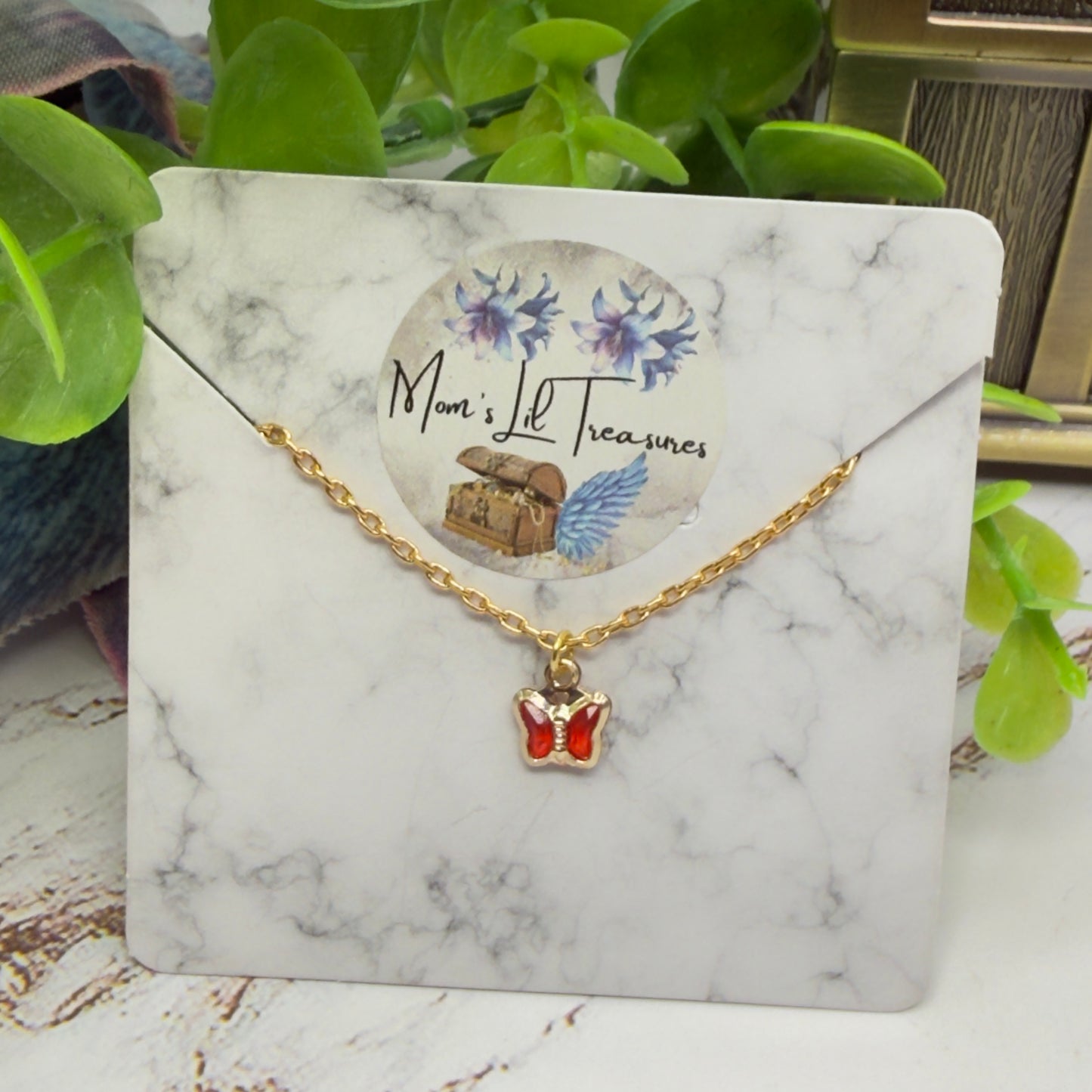 Gold Chain Red Crystal Butterfly Charm Doll Necklace • 16 Inch Fashion Doll Jewelry