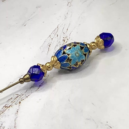 Blue Glass Crystal Metal Cloisonné Enamel Flower Design - 8” • Hatpin