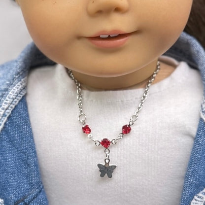 Silver Butterfly Charm Red Rhinestone Accent Doll Necklace • 18 Inch Fashion Doll Jewelry
