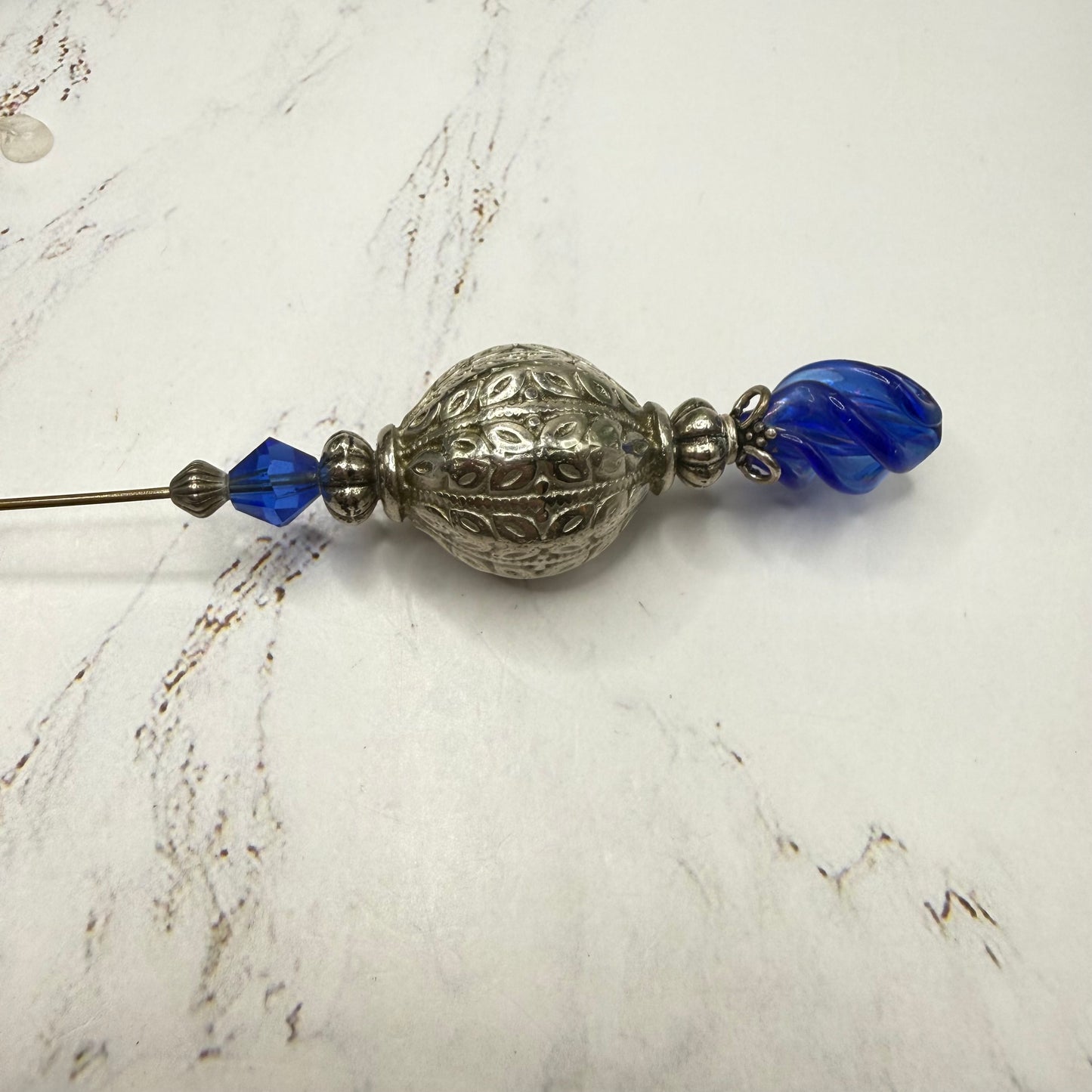 Cobalt Blue Lucite Spiral Finial Ornate Silver Tone Globe Bead Hatpin • 8 Inch