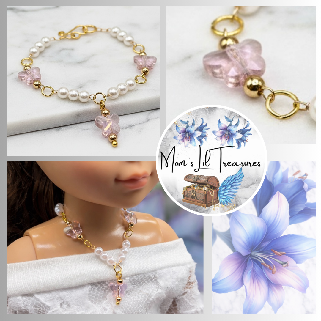 Light Pink Crystal Butterfly & Pearl Beaded Doll Necklace • 14 Inch Fashion Doll Jewelry
