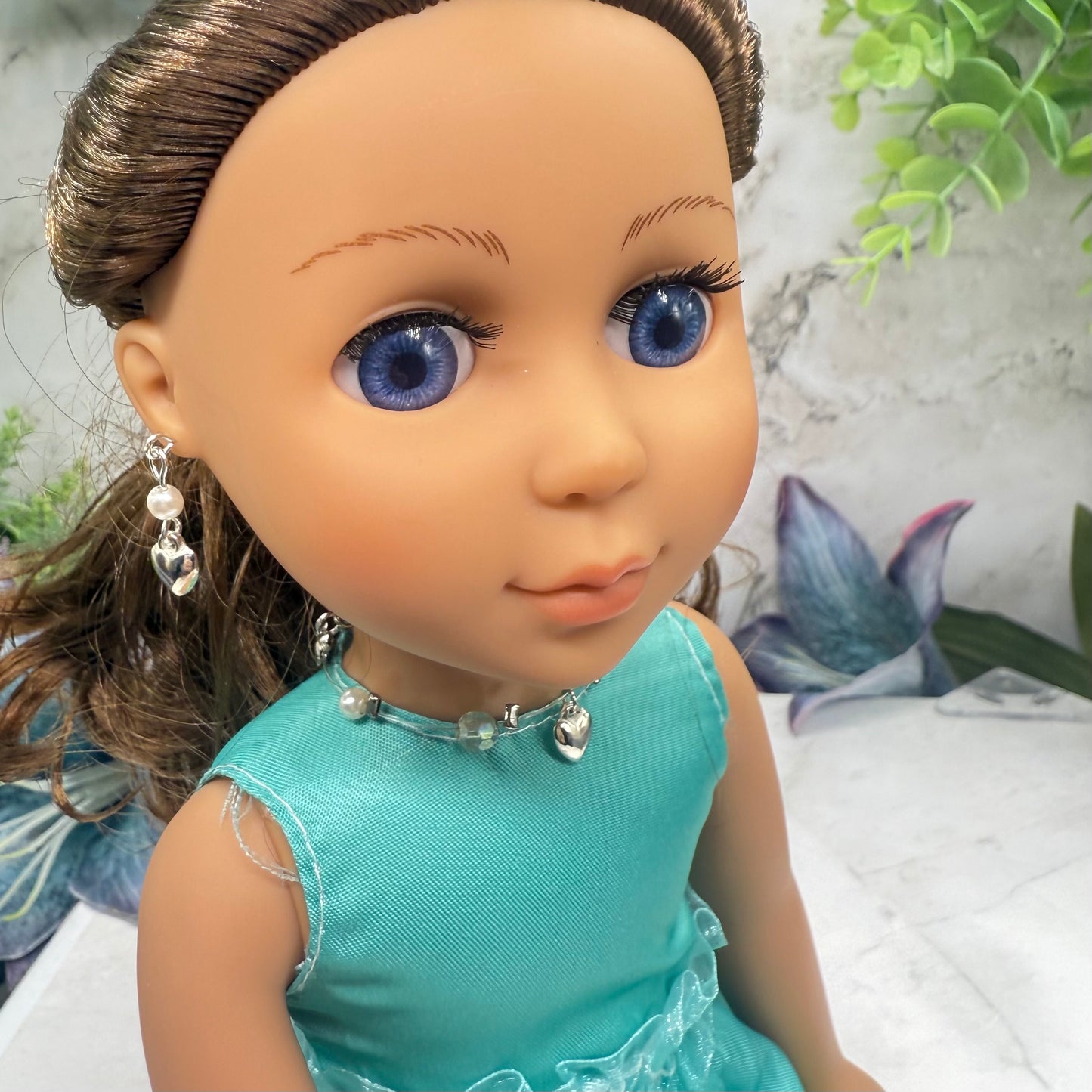 Silver Heart Charm Nylon String Pearl & Acrylic Crystal Necklace & Earrings • 14 Inch Fashion Doll Jewelry