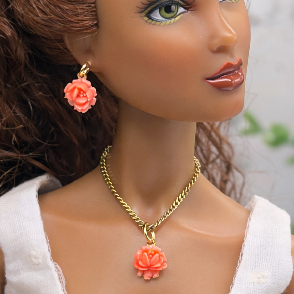 Coral Acrylic Rose Flower Charm Gold Chain Doll Necklace & Earrings • 16 Inch Fashion Doll Jewelry