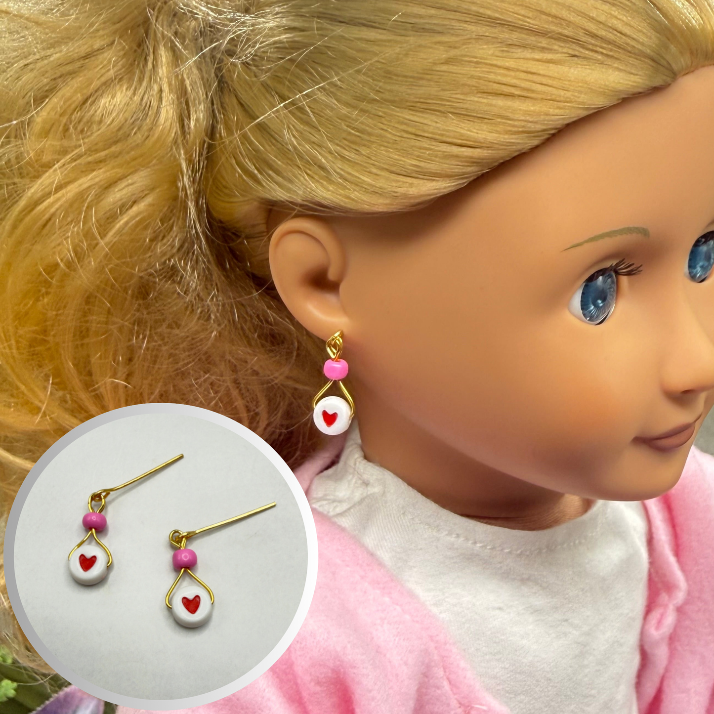 Valentine’s Day Pink Bead Red Heart Dangle Doll Earrings • 18 Inch Fashion Doll Jewelry