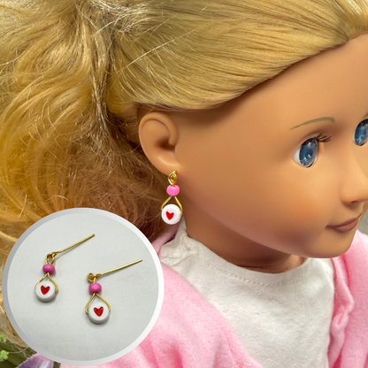 Valentine’s Day Pink Bead Red Heart Dangle Doll Earrings • 18 Inch Fashion Doll Jewelry