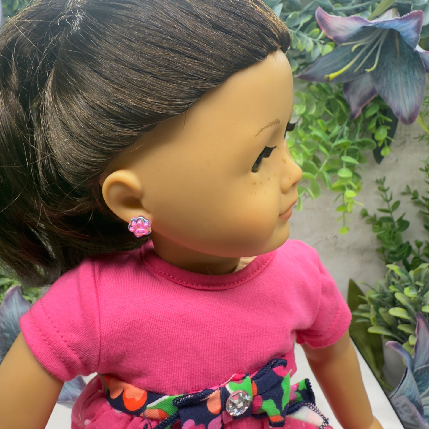 Bright Pink Paw Print Post Doll Earrings • 2mm Post fit 18 Inch Fashion Doll