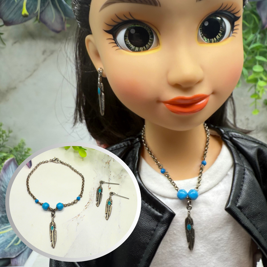 Turquoise Blue Silver Feather Dangle Charm Doll Necklace & Earrings • 18 Inch Fashion Doll Jewelry