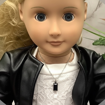 Black Glass Rectangular Pendant Silver Doll Necklace • 18 Inch Doll Jewelry