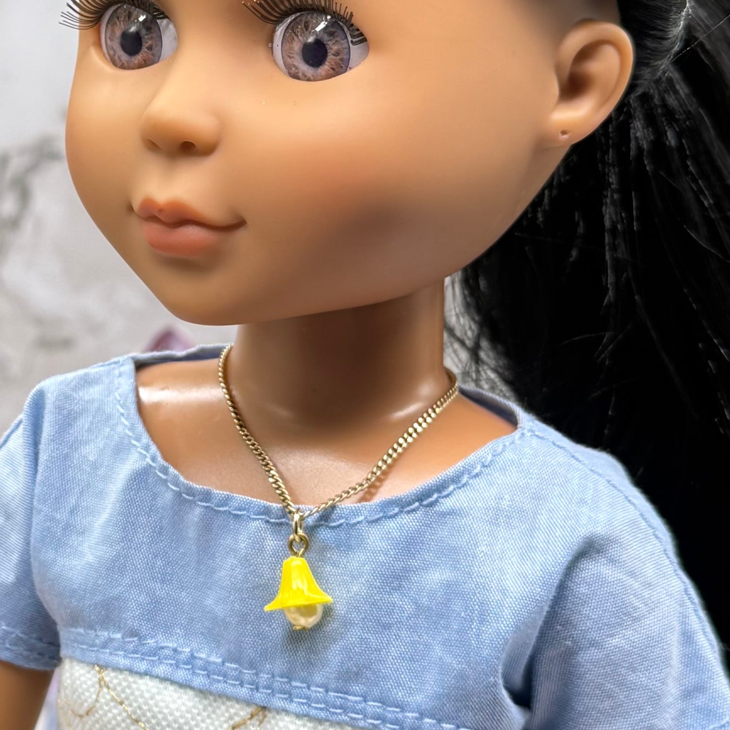 Yellow Flower Pearl Center Charm Gold Chain Doll Necklace • 14 Inch Fashion Doll Jewelry