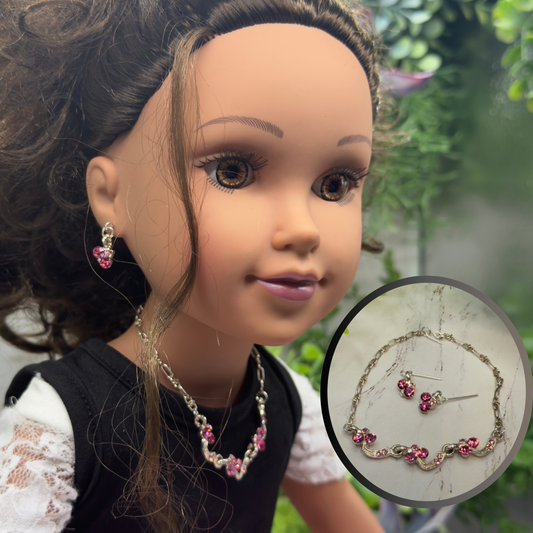 Light Dark Pink Rhinestone Silver Curved Link Doll Necklace & Earrings Set • 18 Inch Fashion Doll Jewelry