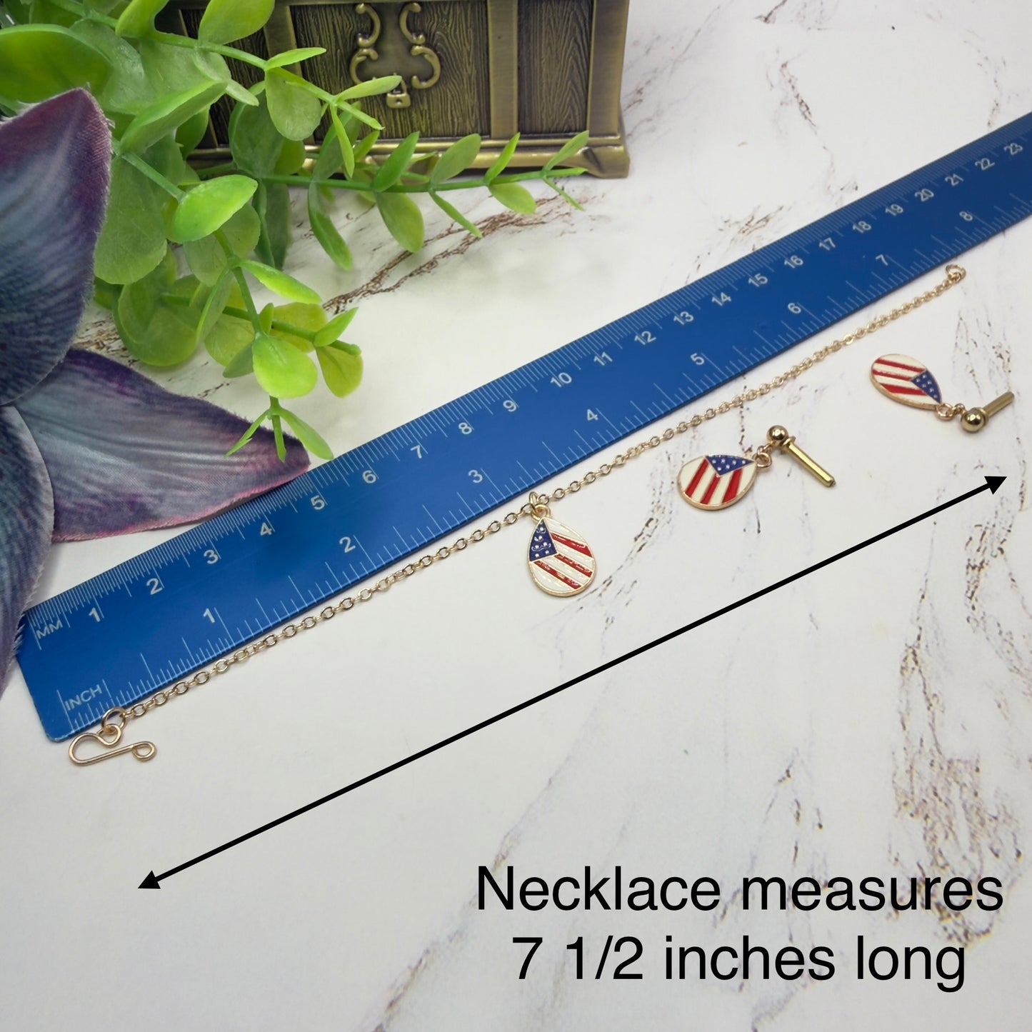 Red White Blue Patriotic Flag Design Teardrop Charm Doll Necklace & 2mm Post Earrings for 18 Inch Fashion Doll