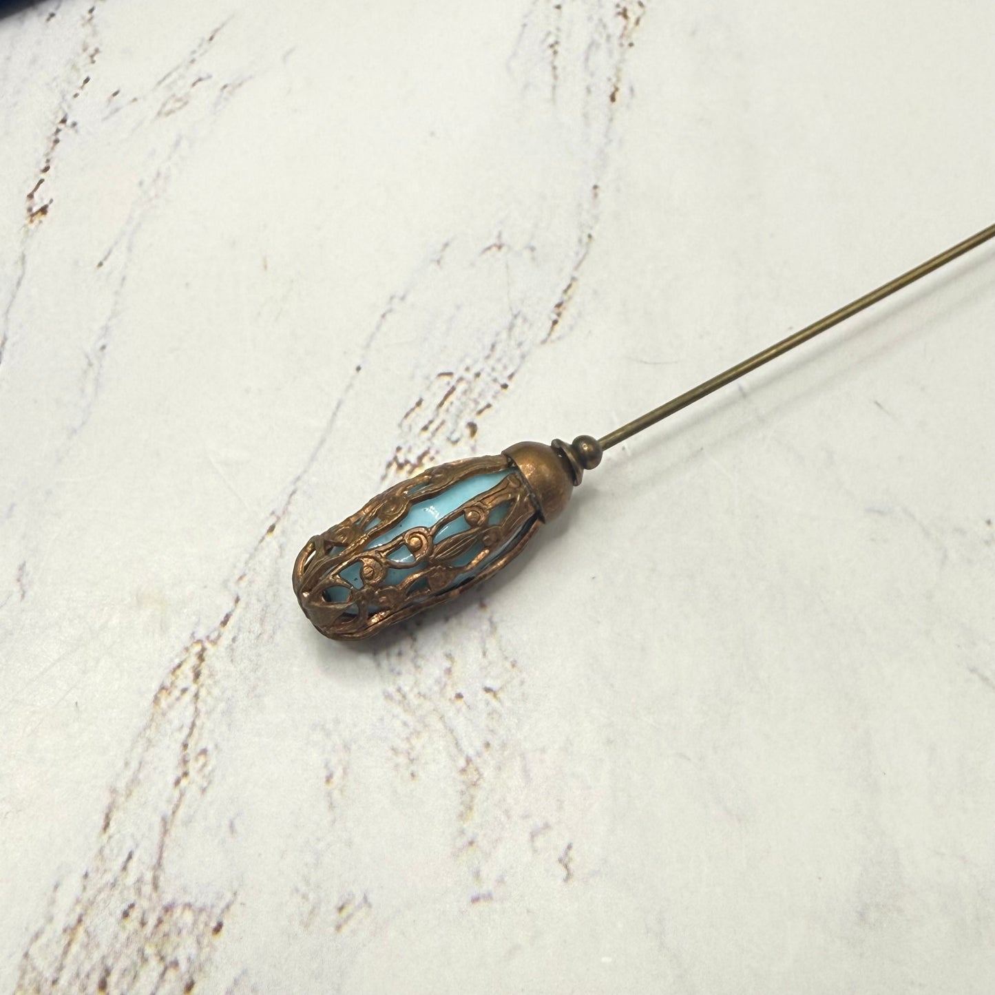 Ornate Vintage Style Copper Tone Lantern shape Filigree Cage Turquoise Glass Hatpin - 5 inch • Hatpin - Stick Pin