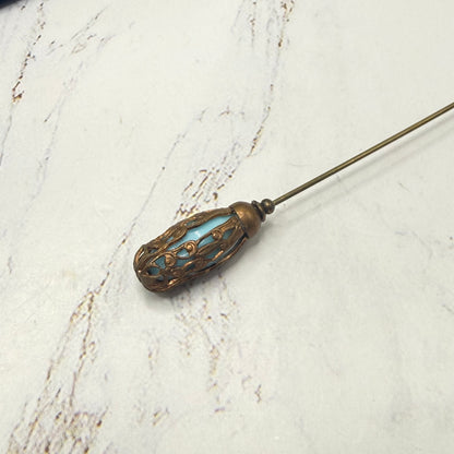 Ornate Vintage Style Copper Tone Lantern shape Filigree Cage Turquoise Glass Hatpin - 5 inch • Hatpin - Stick Pin