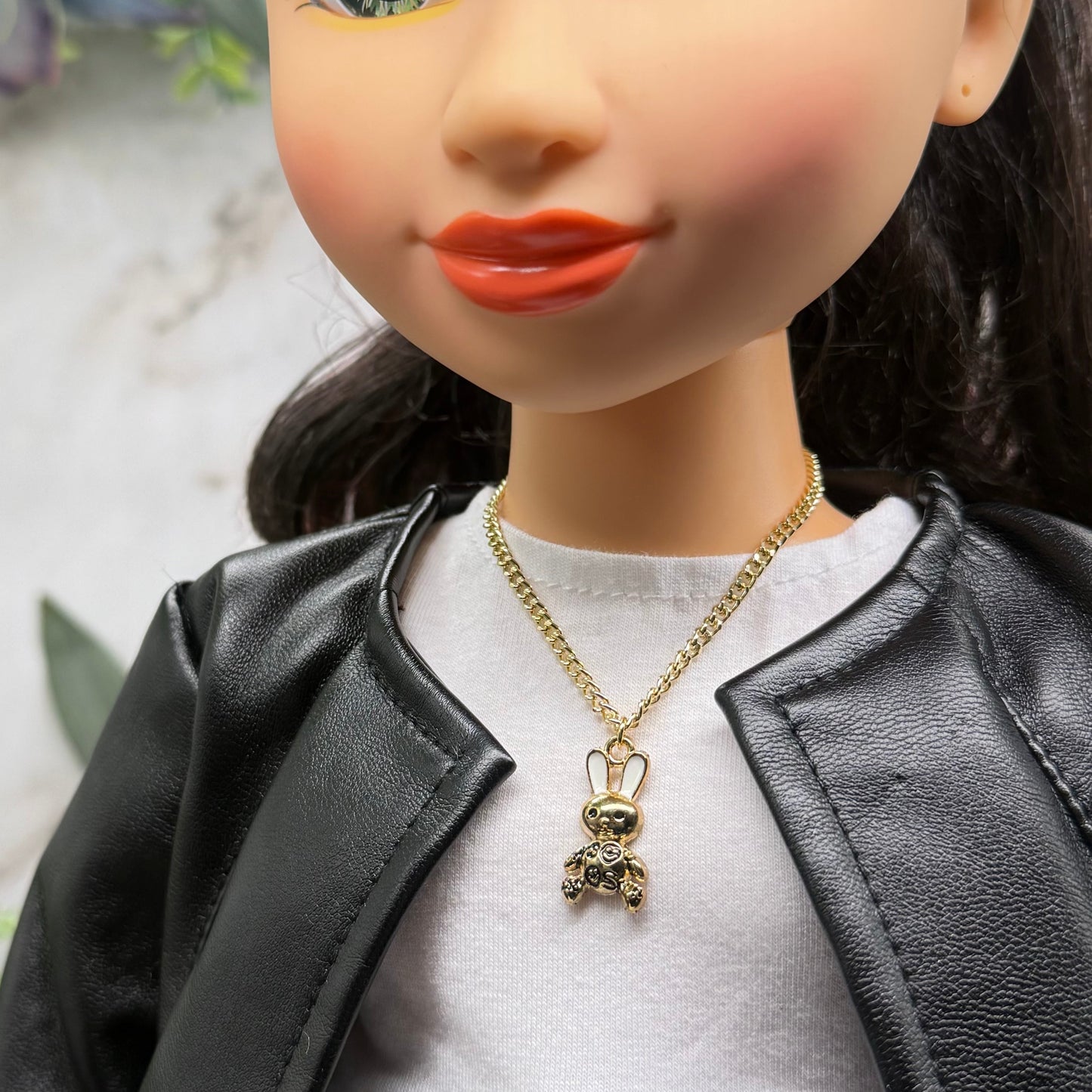 Bunny White & Black Enamel Detail Charm Doll Necklace Easter • 18 Inch Fashion Doll Jewelry