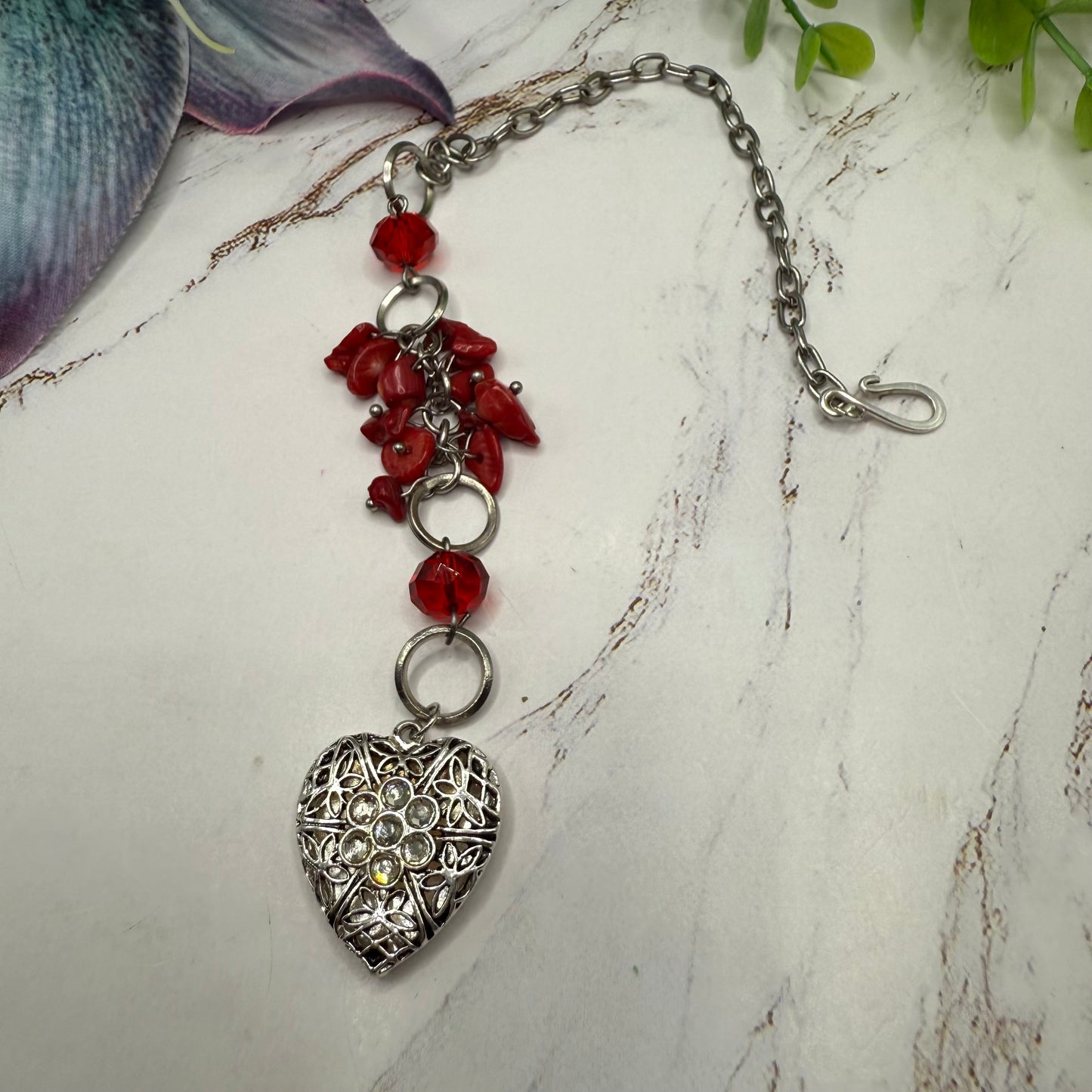 Red Stone Dangle Silver Heart Rhinestone Accents • Car Mirror Charm / Sun Catcher