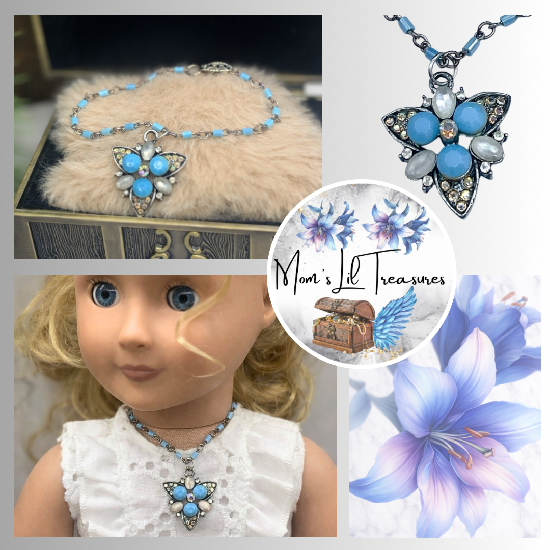 Turquoise Blue Glass Rhinestone Starburst Design Doll Necklace •18” Doll Jewelry
