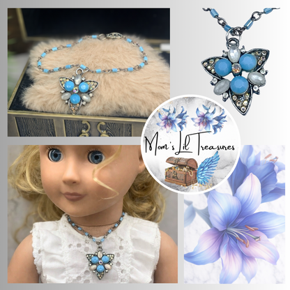 Turquoise Blue Glass Rhinestone Starburst Design Doll Necklace •18” Doll Jewelry