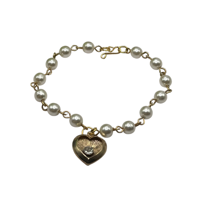 Heart Charm w/ Rhinestone Center Pearl Beaded Gold Doll Necklace • 18 Inch Fashion Doll Jewelry