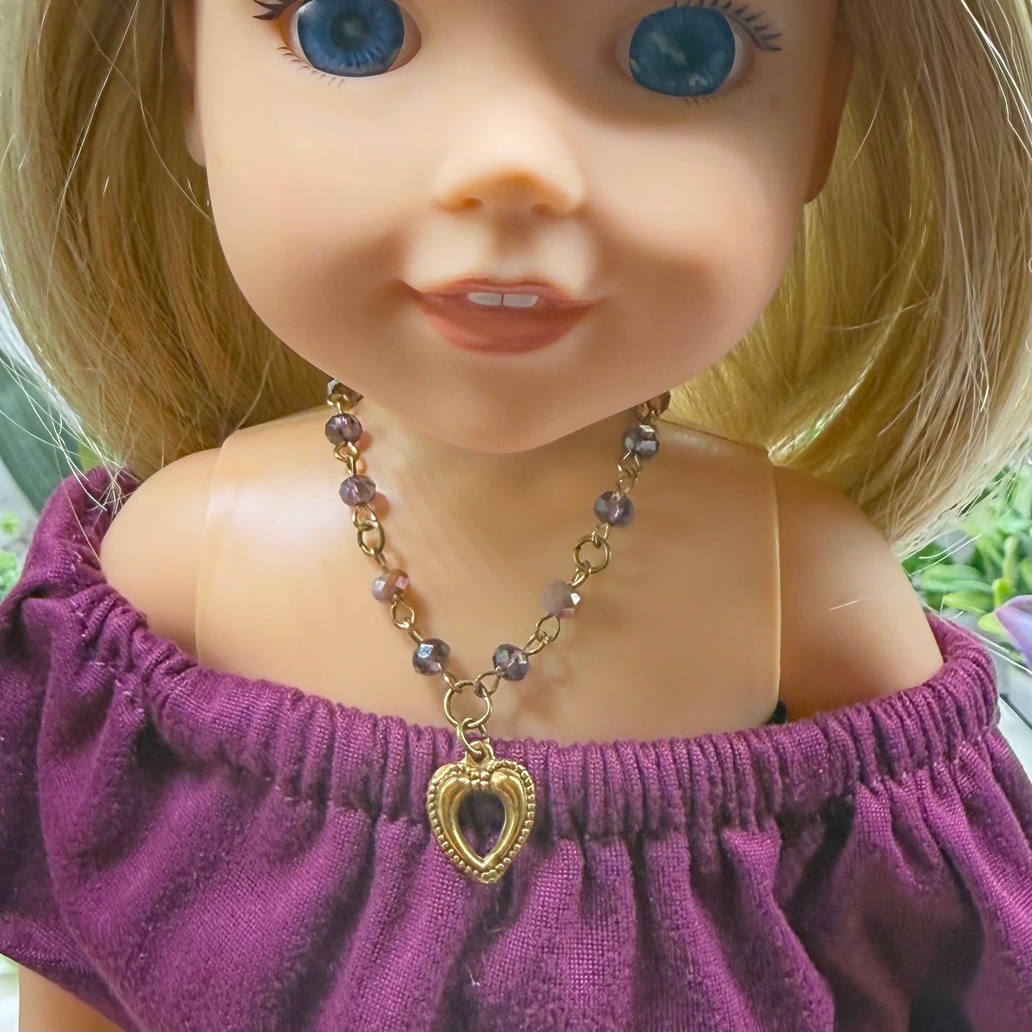 Multi Tone Purple Glass Crystal Bead Chain Gold Heart Charm Doll Necklace • 14 Inch Fashion Doll Jewelry