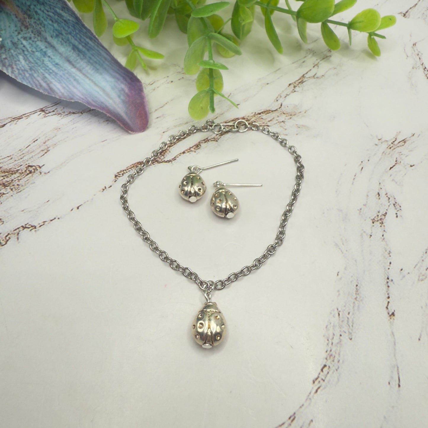 Silver Lady Bug Charm Doll Necklace & Earrings Set • 18 Inch Fashion Doll Jewelry