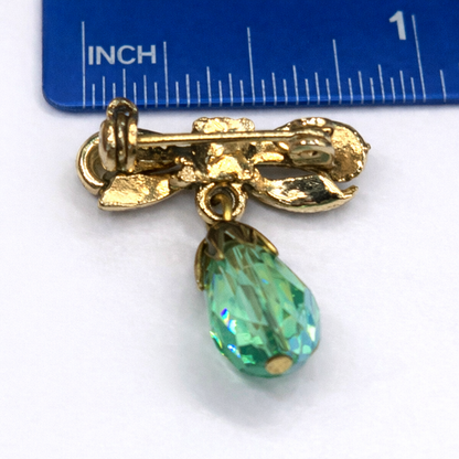 Green Glass Crystal Gold Bow Dangle Doll Pin •  Doll Brooch