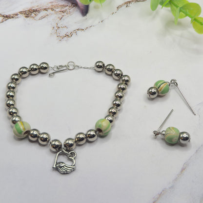 Green Swirl Pattern & Silver Beaded Winged Heart Charm Doll Necklace & Earrings Set • 18 Inch Fashion Doll Jewelry