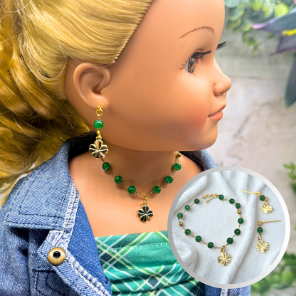 Green Beaded Chain Gold Clover Charm Doll Necklace & Earrings • 18 Inch Fashion Doll Jewelry