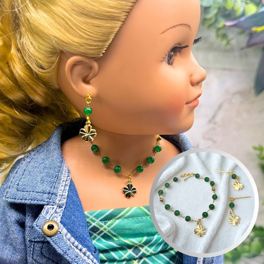 Green Beaded Chain Gold Clover Charm Doll Necklace & Earrings • 18 Inch Fashion Doll Jewelry