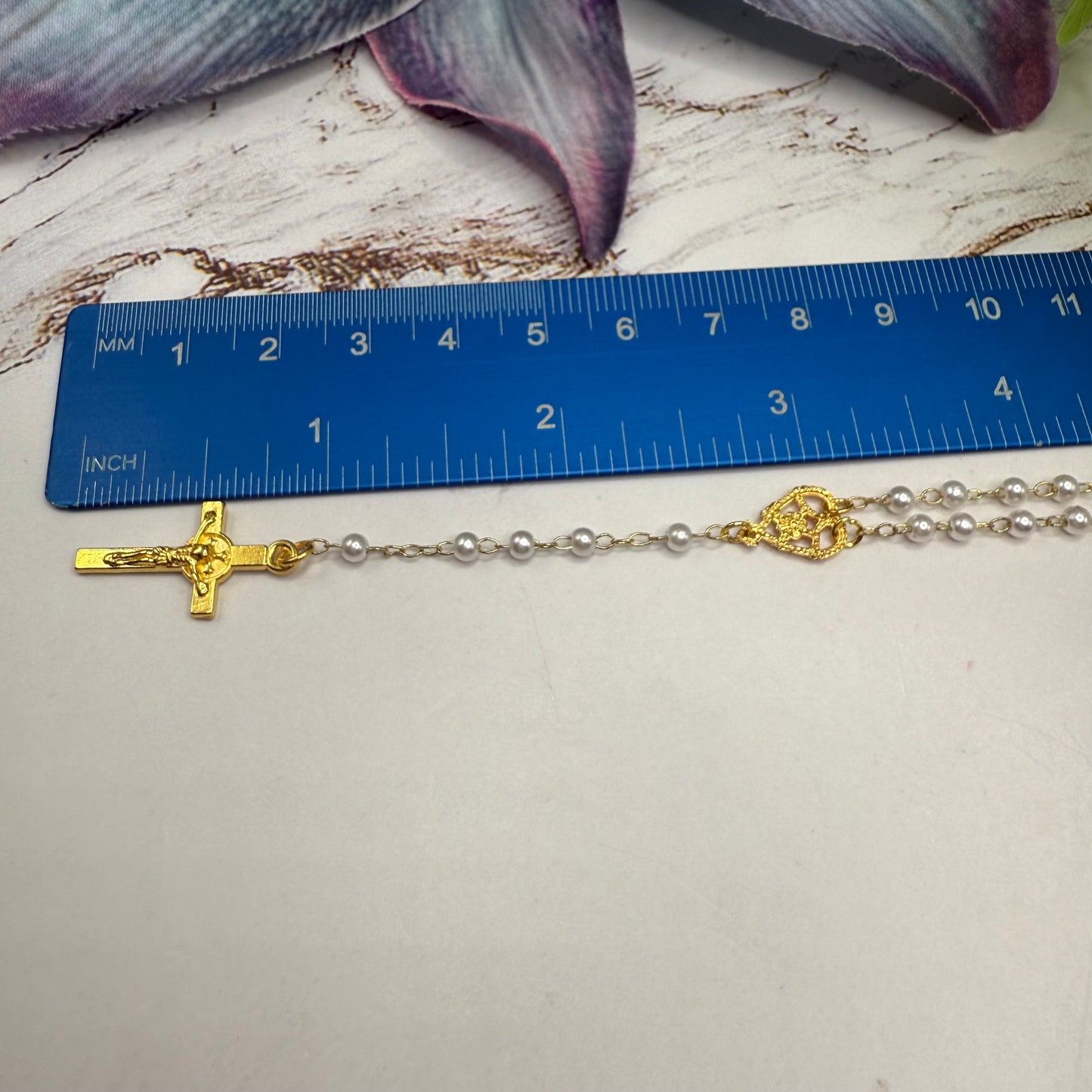 White Pearl Beaded Gold Chain & Crucifix • Doll Size Catholic Rosary for 18-22” Fashion or Vintage Dolls