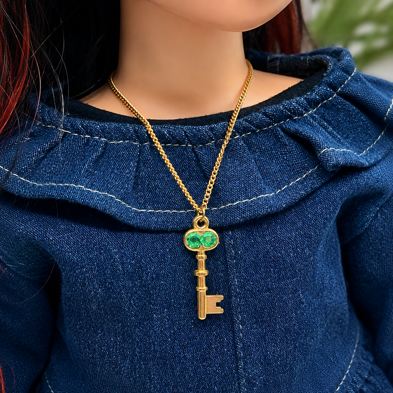 Key Charm Doll Necklace Green Rhinestone Accent • 18 inch Fashion Doll Jewelry