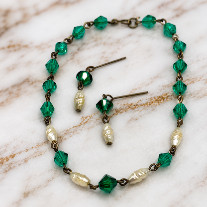 Green Glass Crystal Pearl Necklace Earring Set • 18-22 Inch Doll Jewelry