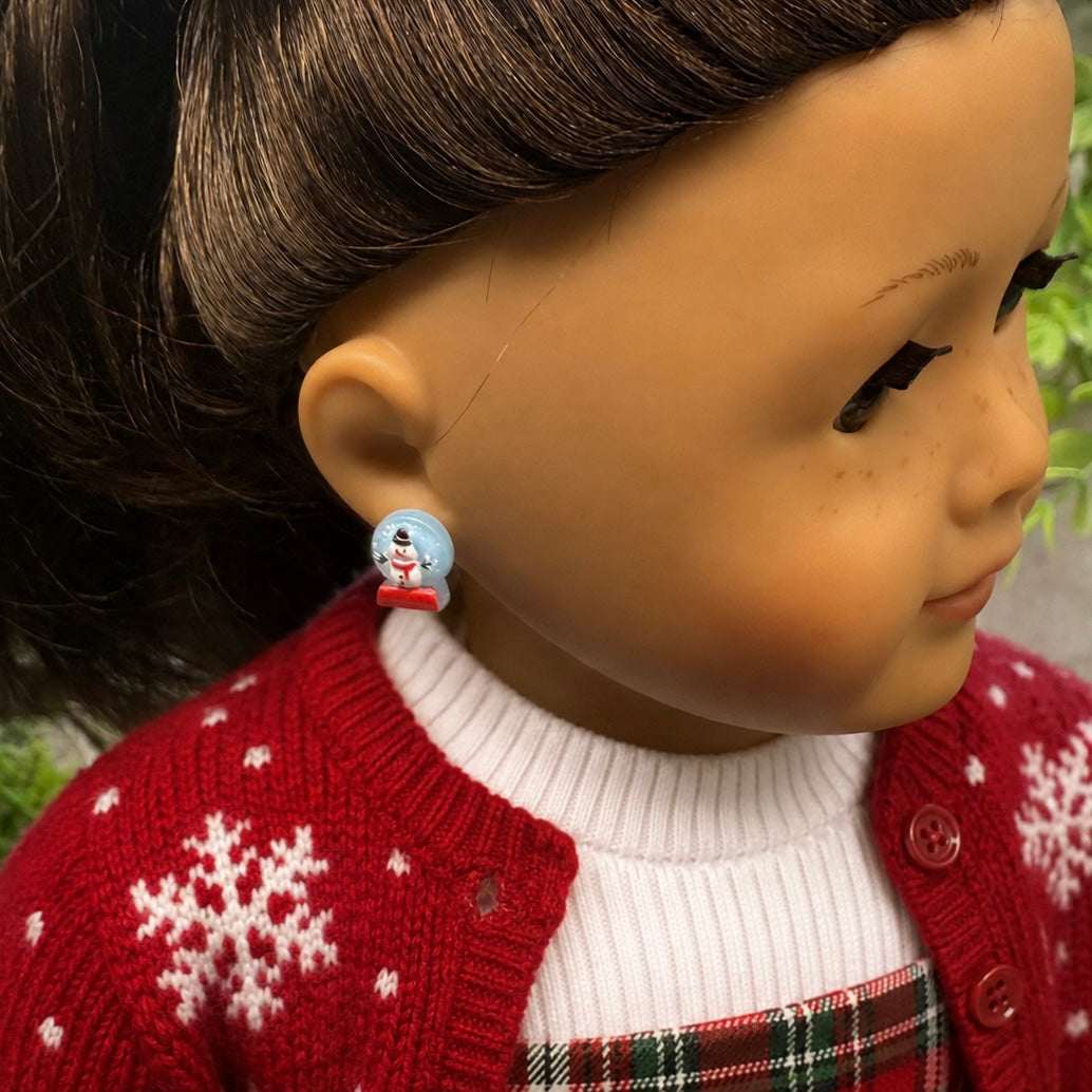Light Blue Snow Globe Snowman Christmas  Post Doll Earrings • 2mm Post for 18 Inch Fashion Doll