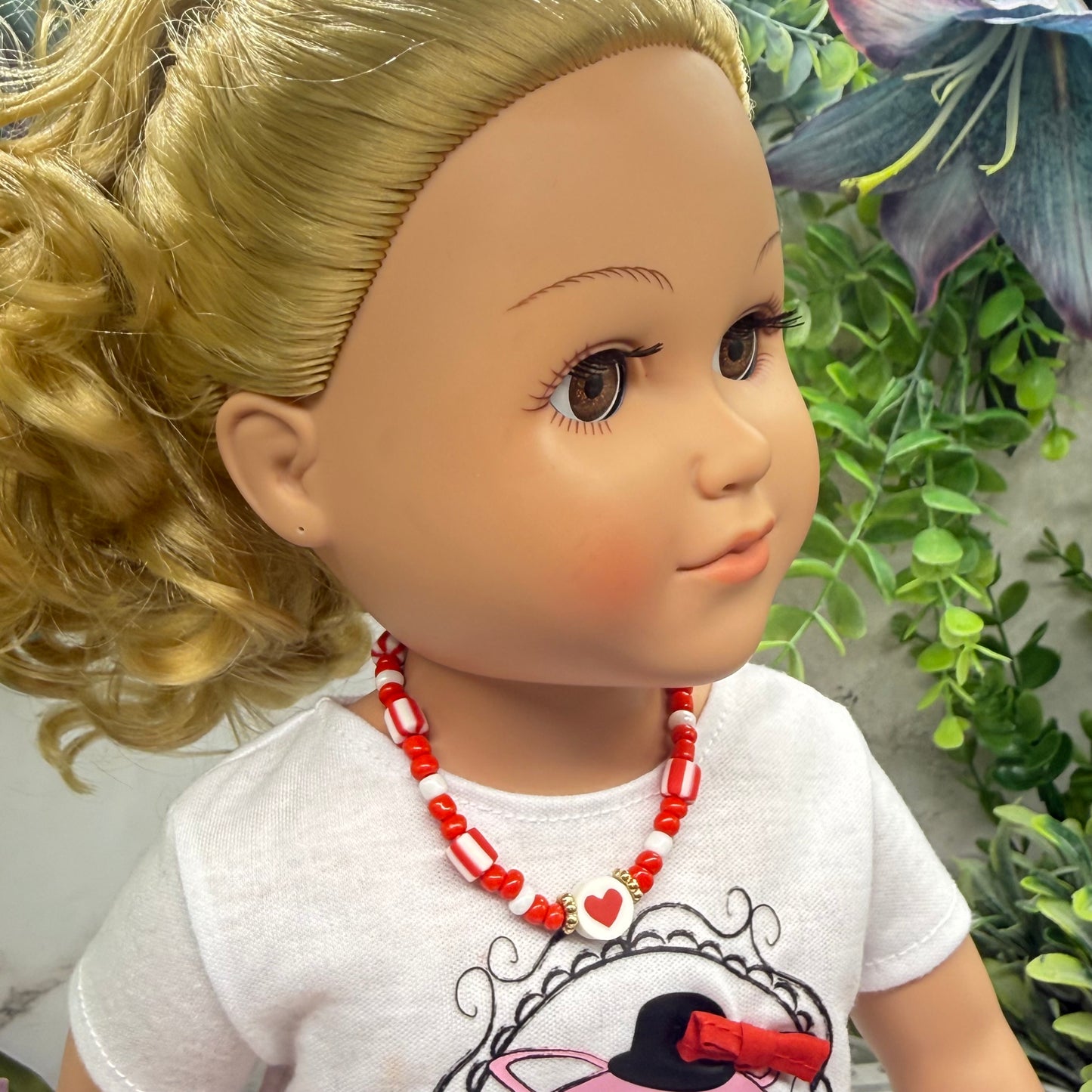 Red White Beaded Heart Valentine’s Day Doll Necklace • 18 Inch Fashion Doll Jewelry