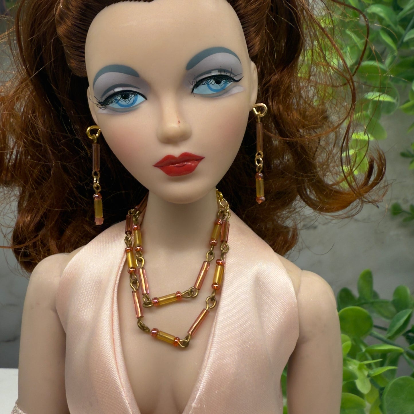 Pink Orange Glass Doll Necklace Earrings Set • 16” Fashion Doll Jewelry