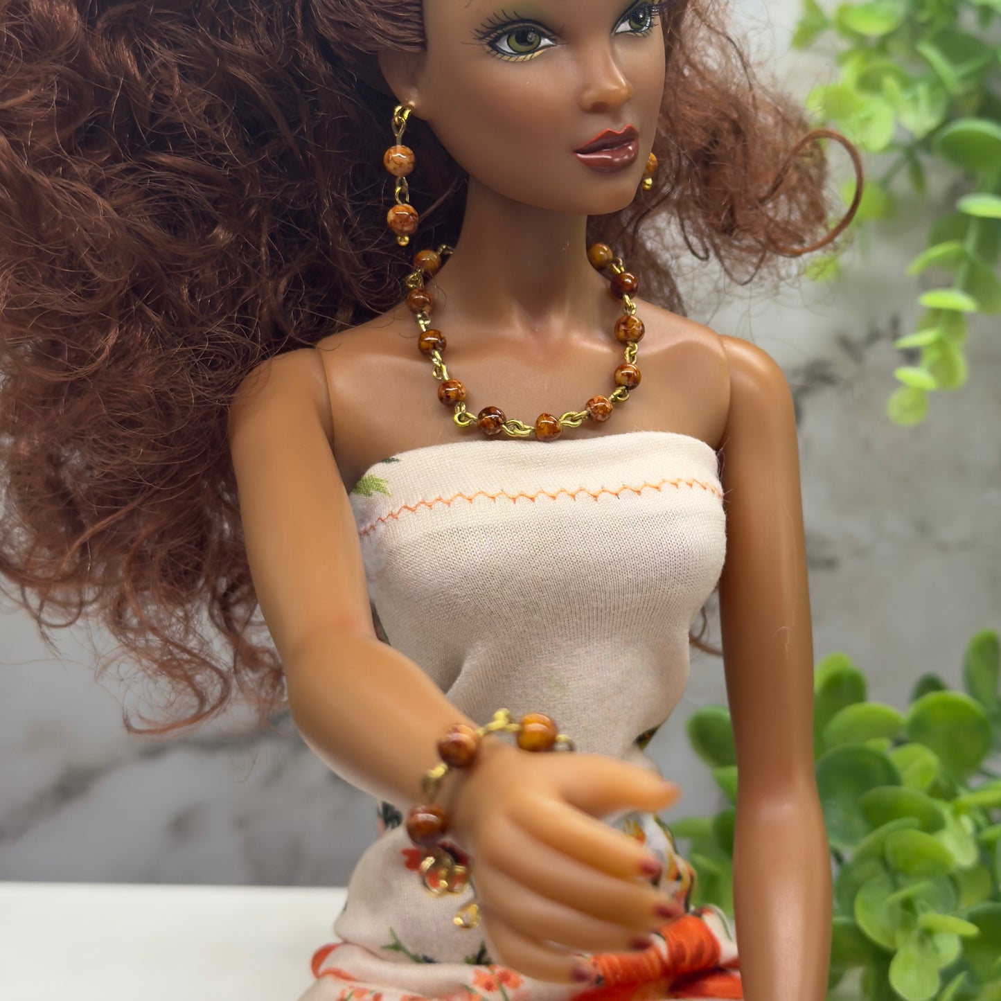 Brown Glass Beaded Necklace Earring Bracelet Set • 16 Inch Fashion Doll Jewelry