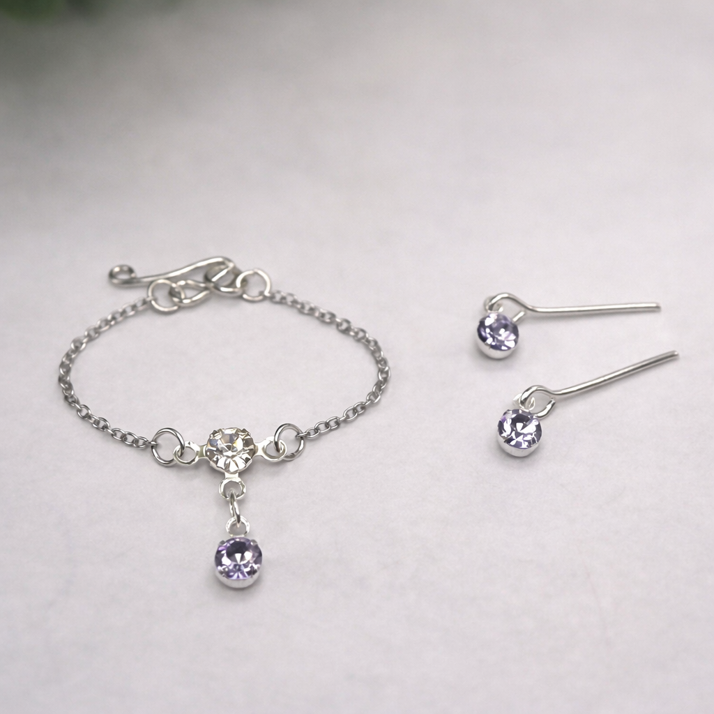 Misty Purple & Clear Rhinestone Y-Style Silver  Doll Necklace & Earrings for 10-12 Inch Fashion Doll1