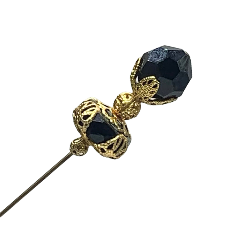 Black Glass Crystal - Gold Tone Findings • 8 inch Hatpin - Stick Pin