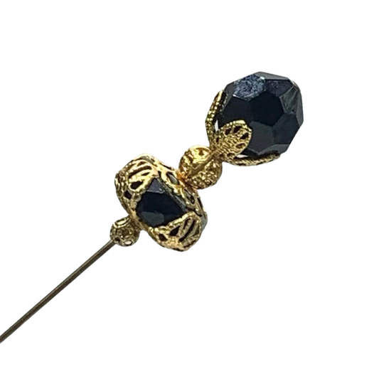 Black Glass Crystal - Gold Tone Findings • 8 inch Hatpin - Stick Pin